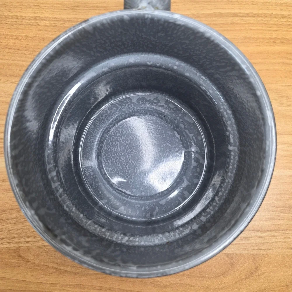 Antique Small Gray Graniteware Enamelware 6 in Saucepan Handled Pot With Lid EUC